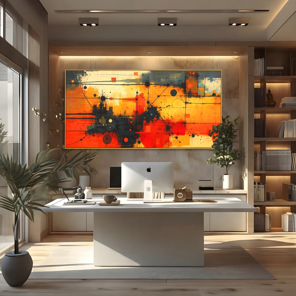 Tablou canvas cu tablou canvas cu compozitie abstracta geometrica, in rama de aluminiu auriu, pe perete intr-un birou